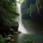 Majestic waterfall flowing through dense jungle greenery, showcasing nature's breathtaking splendor.