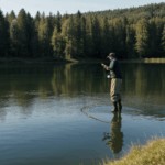 Man immersed in nature while fishing at a tranquil lakeside spot.