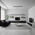 A modern minimalist living room featuring sleek, elegant furniture and a calm color palette.