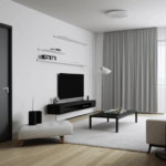 A modern simple living room with minimalist design and clean lines.