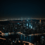 A modern urban landscape at night, featuring a futuristic city skyline with impressive buildings and vibrant street life.