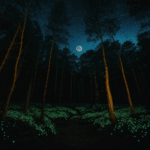 A serene moonlit forest where the glow of fireflies captivates with its natural beauty.