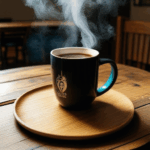 A steaming coffee cup on wood, creating a perfect morning routine for coffee lovers.