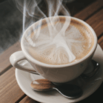 A perfect morning brew in a steaming cup, resting on a wooden table.