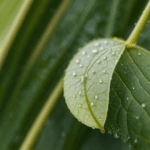 Delicate morning dew captured on a leaf, revealing the serene and tranquil essence of nature's tiny wonders.