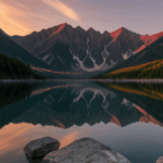 Morning mountain beauty captured in a sunrise over a tranquil lake, with reflections and vibrant colors showcasing nature's splendor.