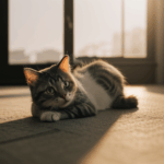 A peaceful scene of a cat stretching in the morning sunlight.