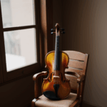 The elegance of a violin resting on a wooden chair, capturing musical harmony.