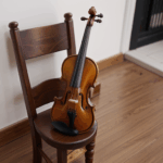 Captivating image of a violin balanced on a wooden chair, symbolizing harmony.