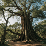 A mystical forest with sunlight filtering through the towering tree canopy, creating an ethereal glow.