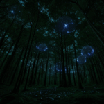 The glow of fireflies dances in a moonlit forest, creating a magical scene.