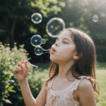 A young girl blowing bubbles in a sunny garden, showcasing the simple pleasures and joy of outdoor play.