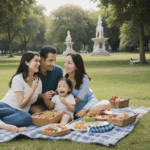 Family members walking through a scenic park, enjoying nature.