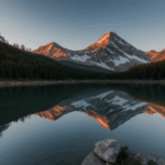 Nature's morning beauty shines in a sunrise over a mountain lake, with tranquil reflections and majestic peaks creating a captivating view.