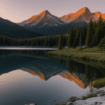 Nature's serenity captured in a stunning sunrise over a mountain lake, where the calm waters and vibrant sky create a breathtaking vista.