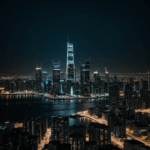 Dazzling city lights of a futuristic metropolis at night, highlighting the architectural marvels of a visionary urban landscape.