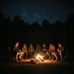 A cozy campfire lighting up the night, surrounded by friends enjoying each other's company.