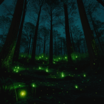A tranquil moonlit forest scene illuminated by the gentle glow of fireflies.