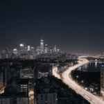 Nighttime view of skyscrapers reaching into the starry sky in a modern city.