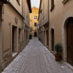 A quiet alleyway in an old European town with cobblestone streets and historic buildings.