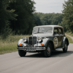 Old-fashioned car captured in the heart of the countryside, highlighting the enduring appeal of vintage automobiles on country roads.