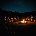 A serene night scene with friends around a campfire, the flames casting a warm glow on their happy faces.