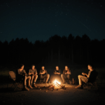 A peaceful outdoor campfire scene with friends at night.