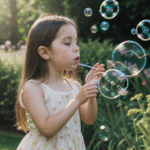 A scene of pure happiness as a girl blows bubbles in a sunlit garden, capturing the magic of childhood.