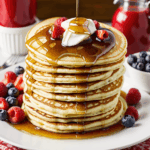 A stack of golden pancakes drizzled with syrup and topped with fresh berries on a white plate, inviting a delicious breakfast experience.