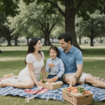 Children and parents exploring and playing in a vibrant park during a picnic.