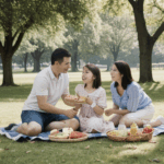A family enjoying traditional picnic activities in a local park.