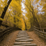 A peaceful autumn trail enveloped in golden leaves, inviting hikers to explore nature's wonders.