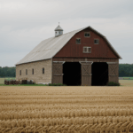 Peaceful escape into nature with a barn and fields setting.
