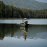 A tranquil day of fishing as a man casts his line into calm waters.
