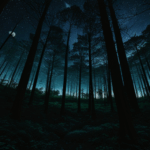A peaceful moonlit forest where fireflies illuminate the night with their gentle glow.