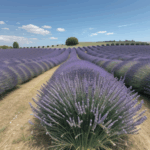 Peaceful lavender fields offer breathtaking views under the cloudless blue sky.