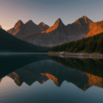 A peaceful mountain vista at sunrise, with tranquil waters and a colorful sky creating a scene of natural beauty and relaxation.