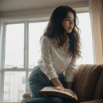A serene scene of a young woman enjoying her book, with warm sunlight enhancing the cozy atmosphere.
