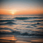 Peaceful sunset reflection on the water of a calm ocean, with hues of orange and pink creating a tranquil and serene atmosphere.