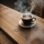 Perfectly brewed coffee steaming in a cup on a textured wooden table.