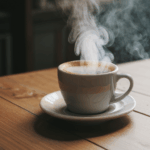 A steaming cup of coffee, perfectly placed on a rustic wooden table.