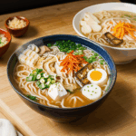 A beautifully styled bowl of ramen noodles with toppings like green onions, mushrooms, and sesame seeds, highlighting the freshness and variety.