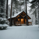 Picturesque cabin in snow, offering a peaceful winter retreat.