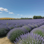 Picturesque landscape with vivid lavender fields under a bright blue sky.