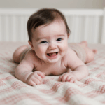 A playful baby crawling, enjoying the feel of a soft blanket.