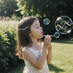 A girl blowing bubbles in a garden, with sunlight highlighting her joyful play and the floating bubbles.