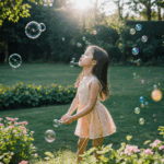 A lively scene of a girl in a sunny garden, blowing bubbles that catch the light and add a touch of magic.