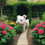 A playful puppy enjoying outdoor antics in a vibrant, blooming garden, capturing pure delight.