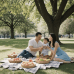 Family engaging in fun games at a picnic in a picturesque park.