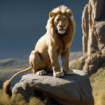 Proud lion sits on a rock, embodying the majesty of the animal kingdom.